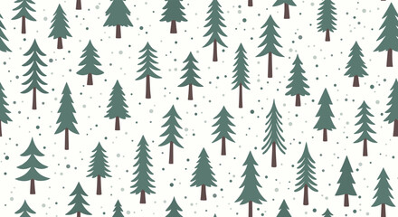 Seamless repeating pattern of stylized green pine trees and dots on a light background creating a festive winter or Christmas woodland scene.