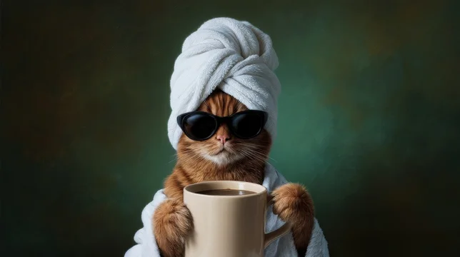 Relaxed Ginger Cat Holding Coffee With Towel and Shades