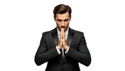 A man in a black suit praying with his hands together on a