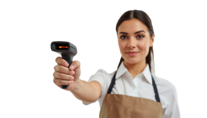 A smiling woman in a white shirt and brown apron holding a barcode scanner on