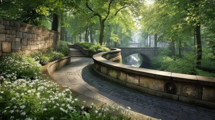 Fototapeta premium Stone pathway winds alongside a lush green park featuring abundant white blossoms and an arched bridge