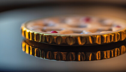 A close-up view of a gold coin with intricate details on a reflective surface.