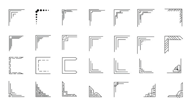 Large collection of simple and modern black corner elements and frame borders in various geometric and line art styles for graphic design.