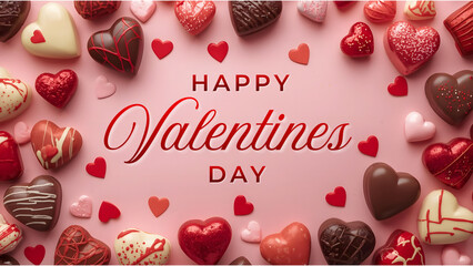 Valentine&rsquo;s Day background featuring hearts, valentines day greeting card, &ldquo;Happy Valentine&rsquo;s Day&rdquo; text, red roses, and chocolates.