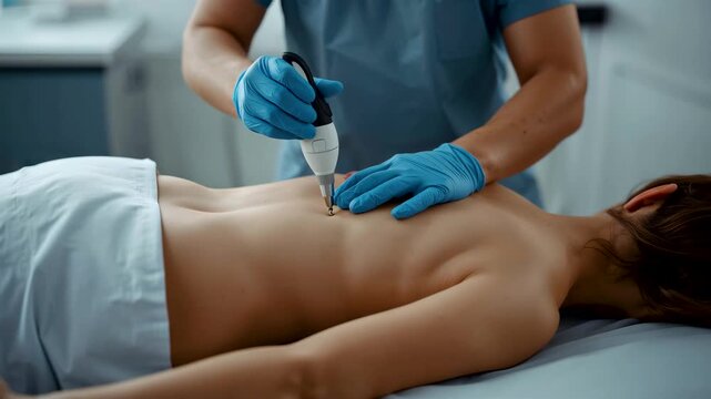 Practitioner wearing blue gloves presses a white handheld probe against a woman&rsquo;s bare back in a clinic