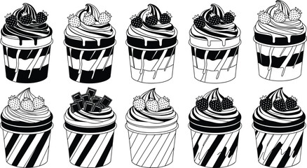 Cupcake silhouette vector set, dessert icons, black and white cupcake designs, sweet treat clipart, bakery illustration, editable dessert elements, frosting styles