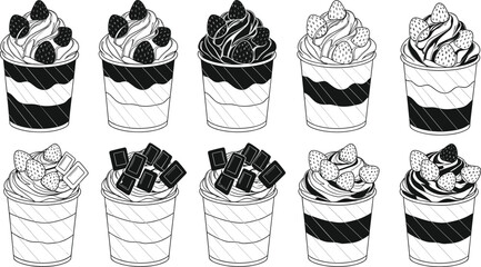 Layered dessert cup vector set, parfait icons, whipped topping clipart, chocolate strawberry sundaes, sweet treat illustration, editable dessert elements, food design