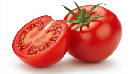 A crisp, high-resolution studio shot of a perfectly ripe red tomato, accompanied by a neatly sliced half of another red tomato.  