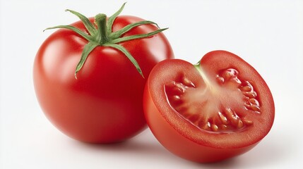 A crisp, high-resolution studio shot of a perfectly ripe red tomato, accompanied by a neatly sliced half of another red tomato.  