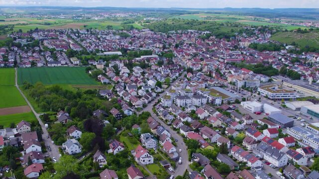 An Aerial panoramic view of the old town of the city Asperg on a sunny summer noon in Germany. 