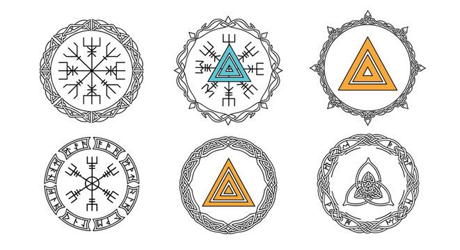Set of ancient Scandinavian and Celtic symbols including Vegvisir the Helm of Awe and the Trinity Knot enclosed in ornate circular frames.