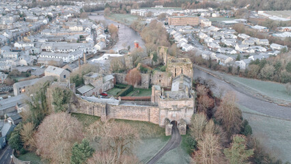 Aerial view of Cockemouth town taken on cold morning. View of Castle and river. © Ray