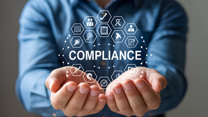Business Compliance and Corporate Governance Concept with Man Holding Digital Network of Regulatory Icons