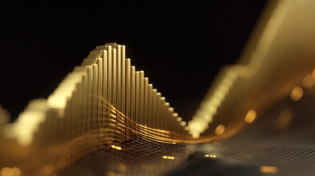 Abstract representation of financial growth with golden waves and peaks against a dark background showcasing data trends and economic success in a digital world - Powered by Adobe