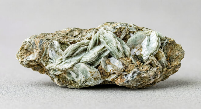 Pyrophyllite mineral specimen with pearly luster and radiating fibrous crystal habit.