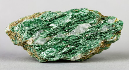 Green aventurine quartz specimen embedded in a foliated metamorphic schist rock with characteristic shimmering metallic luster and spangled texture.