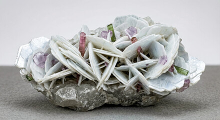 White lamellar albite variety clevelandite displaying platy crystal aggregates and bladed habit in granitic pegmatite