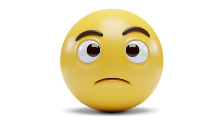 Fototapeta premium Angry yellow emoji face with raised eyebrows showing frustration and annoyance on clean white background