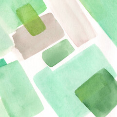 Abstract watercolor painting with overlapping green, mint, and beige geometric shapes on white background