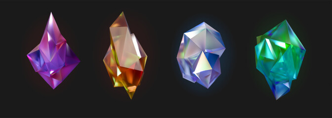 Crystal prism set. 3d diamond light, color rainbow shape or graphic glass reflection. Holographic geometric texture. Topaz, aquamarine and amber. Vector gem design isolated realistic elements