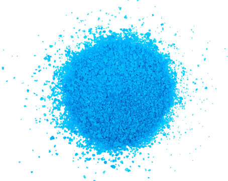 A pile of blue sugar close-up on a white background.