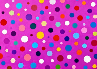 Playful abstract design with multi-coloured circles scattered across bright pink background in modern art style