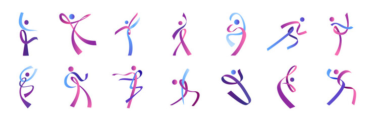Body logo. Woman sport shape. Abstract human health movement or people dance symbol. Ribbons man figure. Race run marathon. Sportsman or dancer motion poses. Vector isolated signs set