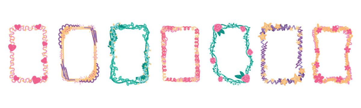 Child frame. Cute kid border, simple children doodle heart and flowers. Elementary chalk for kindergarten birthday decorative creative pencil drawing. Abstract design element. Vector template