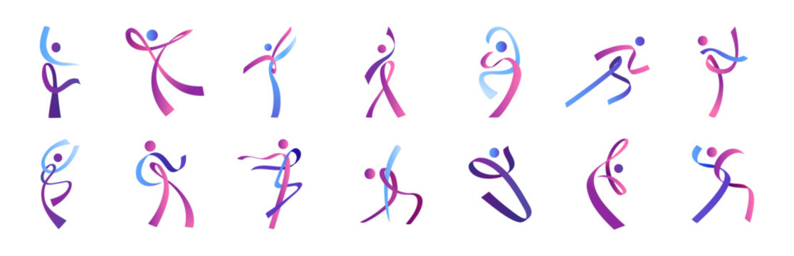Body logo. Woman sport shape. Abstract human health movement or people dance symbol. Ribbons man figure. Race run marathon. Sportsman or dancer motion poses. Vector isolated signs set