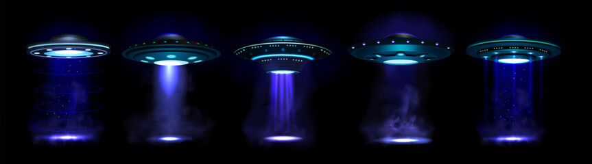 3d ufo. Flying alien space saucer, spaceship fantasy beam. Night ship render, outer Galaxy object in universe. Smoke blue spotlight, magic portal. Realistic isolated elements. Vector poster © SpicyTruffel