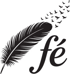 Obraz premium Black feather with birds flying out, symbolizing freedom and hope, on white background with elegant script f