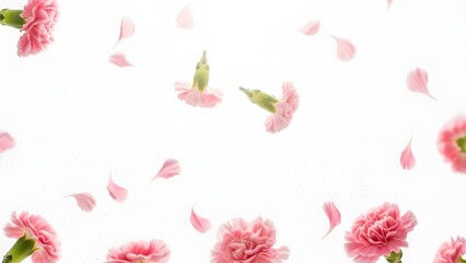 Numerous pink carnation flowers and scattered petals gracefully descend and collect at the bottom of a bright white background, forming a beautiful frame