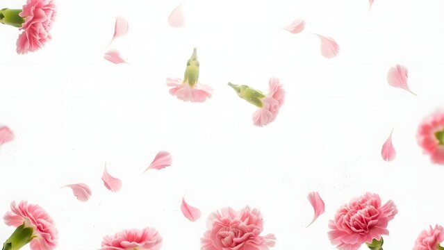 Numerous pink carnation flowers and scattered petals gracefully descend and collect at the bottom of a bright white background, forming a beautiful frame