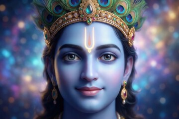 Fototapeta premium Close-Up Portrait of Lord Krishna Face – Emotional Divine Connection Art HD