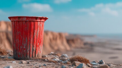 A red plastic container is sitting on a rocky beach