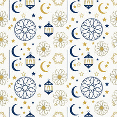 Seamless pattern featuring traditional Islamic motifs like crescent moons, stars, lanterns, and geometric floral designs in blue and gold on a light background.