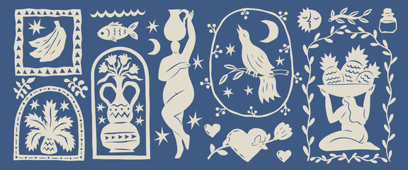 Summer ethnic shapes. Beach tiger mosaic. Jungle animal and fruit collage. Retro nature collection. Silhouette bird. Boho female naked body. Vintage Hawaiian drawing elements vector set