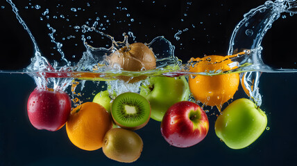 Dynamic Water Splash of Fresh Colorful Fruits Including Kiwis and Apples Against Dark Background