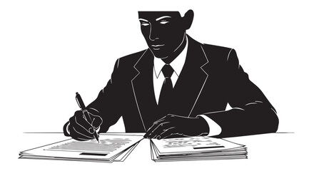 A man in a business suit diligently signing documents and managing paperwork at his office desk