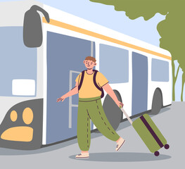 Man with baggage boarding at transport. Comfortable bus stop. City accessible. Inclusive infrastructure. Friendly urban environment. Guy with suitcase. Vehicle station. Vector concept