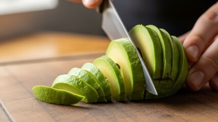 Hand slicing avocado on a wooden cutting board.