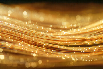 Shimmering golden light streaks with glowing bokeh particles creating an abstract flowing wave pattern of luminous strands and radiant sparkles in warm tones