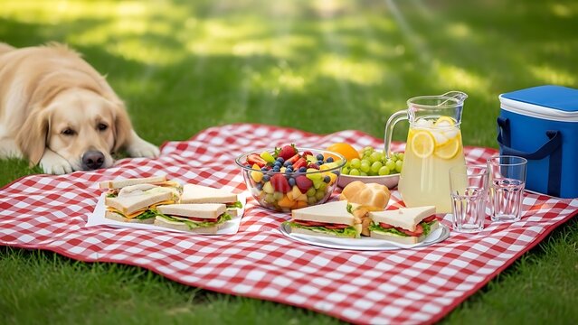 Golden retriever at a summer picnic with sandwiches and lemonade.