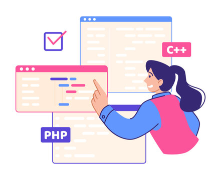 PC work. Computer programmer character. Browser windows. Web software. Programming script. Developer working with website frame. Network technology. Backend java coders vector concept