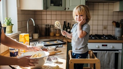 Child making cookies with adult in kitchen