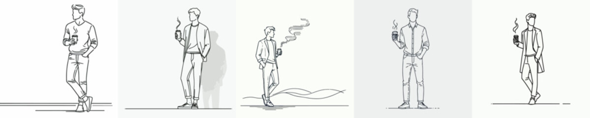 vector line artr full body of a man standing relaxed enjoying coffee