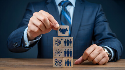 Business partnership and corporate collaboration concept with wooden blocks representing team and strategy