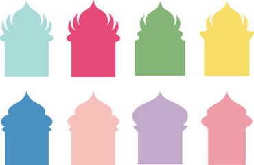 A colorful collection of stylized islamic architectural arches and domes displayed in a clean simple arrangement © JANNATUL FERDOUSH