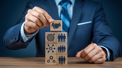 Strategic business partnership concept with businessman stacking wooden blocks for teamwork and growth