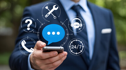 Customer Support Concept with Businessman Holding a Smartphone and Service Icons